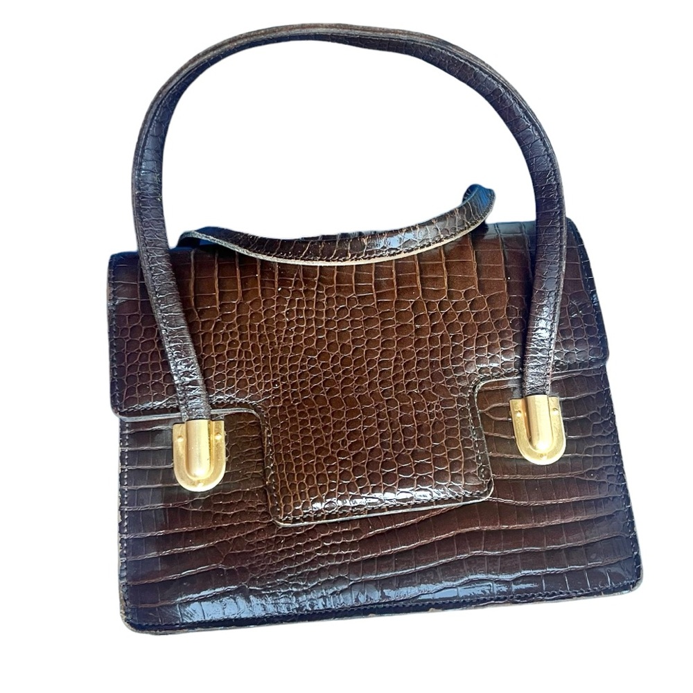 VTG 50s MCM ALLIGATOR
LEATHER TOP HANDLE
ACCORDION PLEAT PURSE/ BRASS ACCENTS